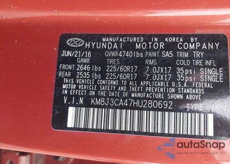 2017 Hyundai Tucson Se from USA, damaged, VIN KM8J3CA47HU280692